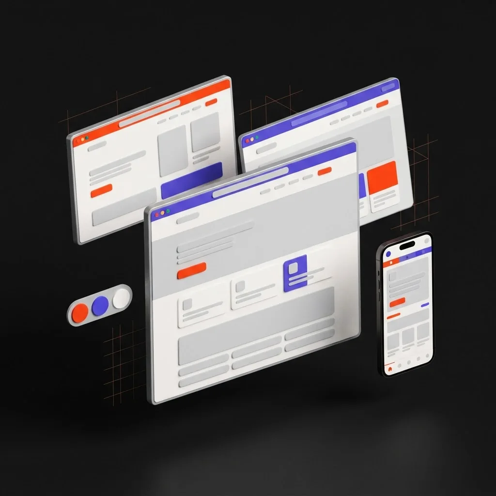 Illustration mehrerer Website-Entwürfe in Browser- und Smartphone-Ansicht